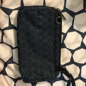 Blue and black patterned wristlet